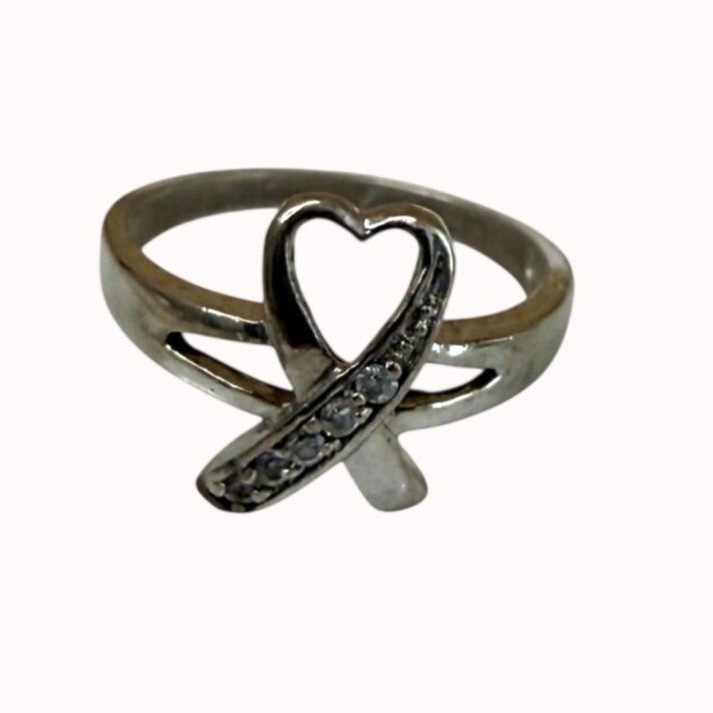 Sterling Silver Heart Ribbon Ring With Clear Stones Size 5 Dainty 925 24$
